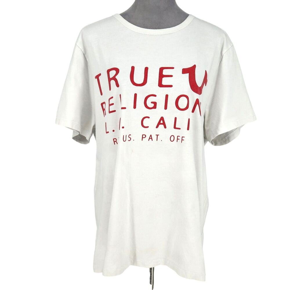 True Religion T-shirt Mens 3XL Big Tall White Red Spell Out Faded Small Stains